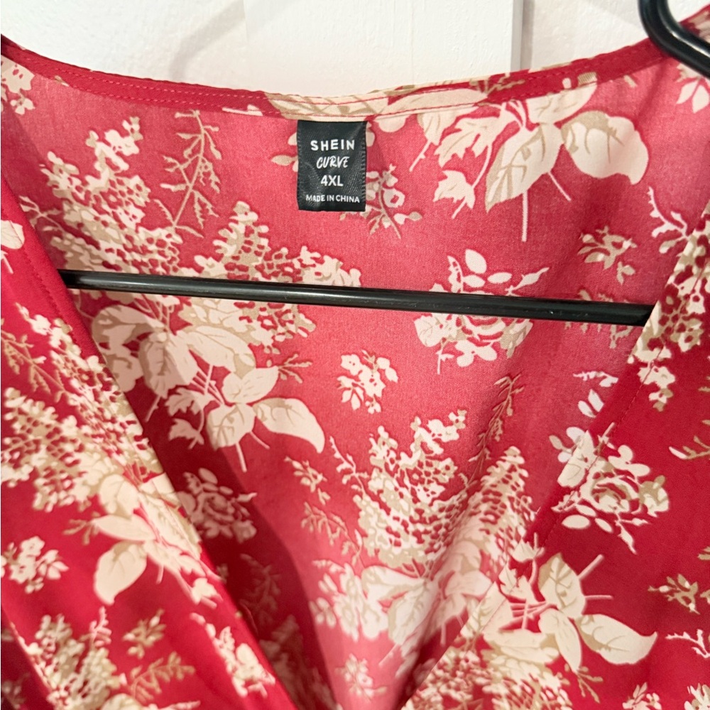 SHEIN Red and Cream Floral V-Neck Dress